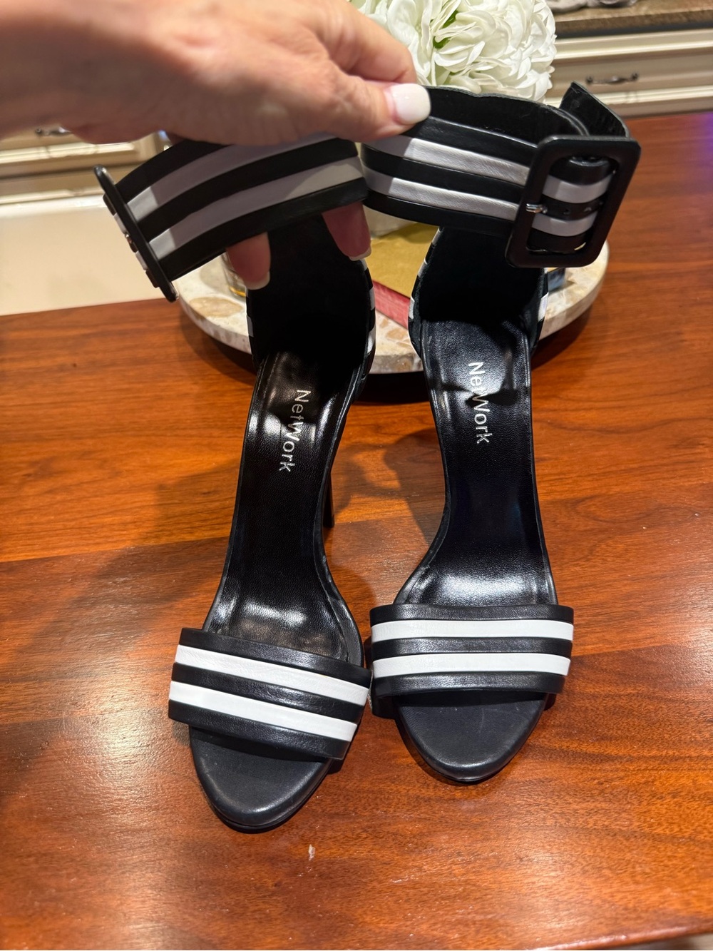 NetWork Black White Striped Leather Ankle Strap Heels Sz 38 NWOT